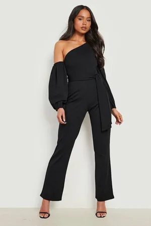 Boohoo Petite Puff Sleeve Asymmetric Belted Jumpsuit