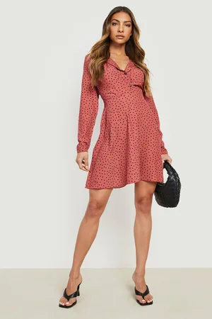 Boohoo Long Sleeve Polka Dot Shirt Skater Dress
