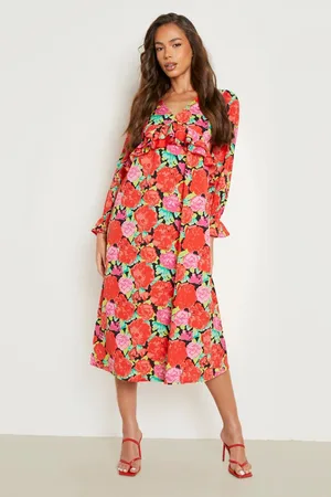 Boohoo Floral Plunge Ruffle Midaxi Dress