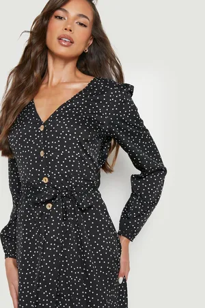 Boohoo Polka Dot Button Front Midi Dress