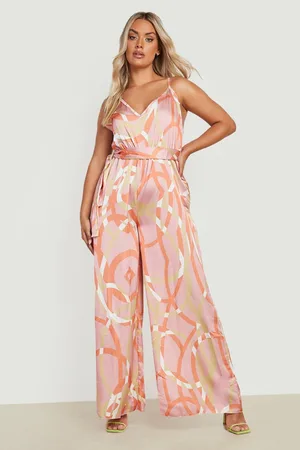 Boohoo Plus Abstract Print Belted Wide Leg Jumpsuit