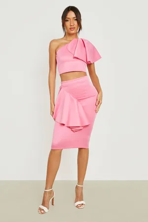 Boohoo One Shoulder Ruffle Front Crop & Midi Skirt