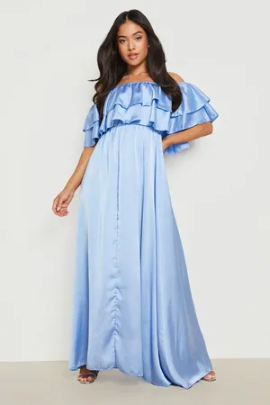 Boohoo Petite Volume Ruffle Bardot Satin Maxi Dress