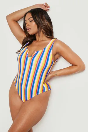 Boohoo Plus Rainbow Seersucker Notch Swimsuit