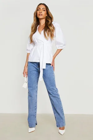 Boohoo Collared Wrap Puff Sleeve Blouse