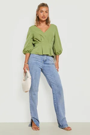 Boohoo Cinched Waist Balloon Sleeve Blouse