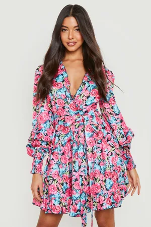 Boohoo Printed Ruffle Tie Front Skater Dress