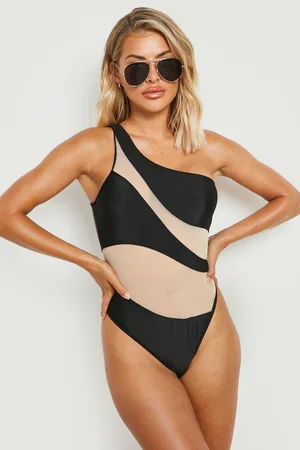 Boohoo Mesh Insert One Shoulder Swimsuit