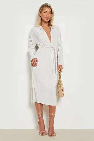 Boohoo Plisse Tie Waist Midi Shirt Dress