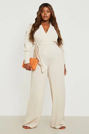 Boohoo Plus Woven Puff Sleeve Belted Jumpsuit