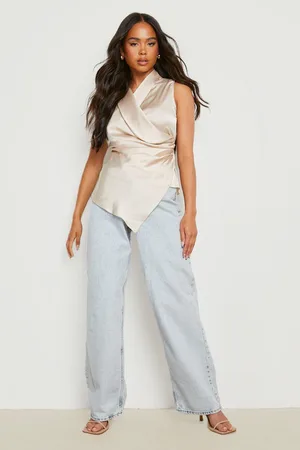 Boohoo Petite Satin Wrap Asymmetric Hem Blouse
