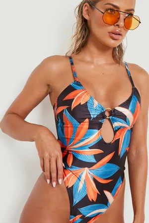 Boohoo Tropical O-ring Cut Out Plunge Swimsuit
