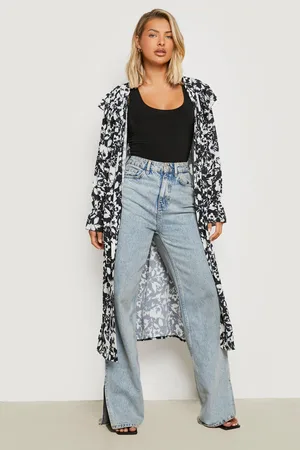 Boohoo Mono Floral Print Frill Detail Kimono