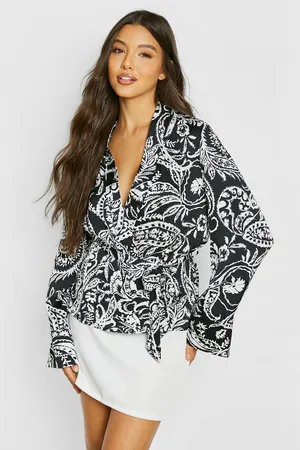 Boohoo Print Wide Kimono Sleeve Satin Belted Blouse