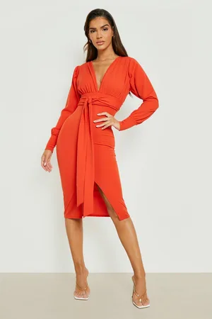 Boohoo Plunge Tie Waist Midi Dress