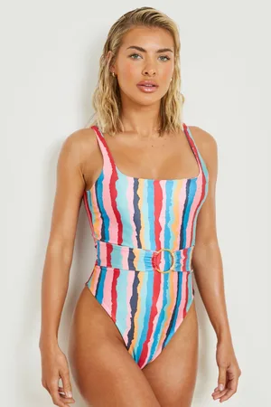 Boohoo Abstract Stripe Scoop O Ring Belted Swimsuit