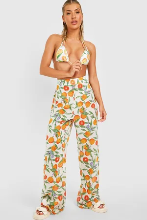 Boohoo Orange Print Wide Leg Chiffon Beach Trouser
