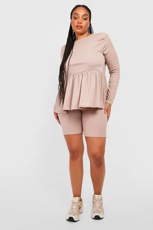 Boohoo Plus Long Sleeve Smock Top And Cycling Shorts