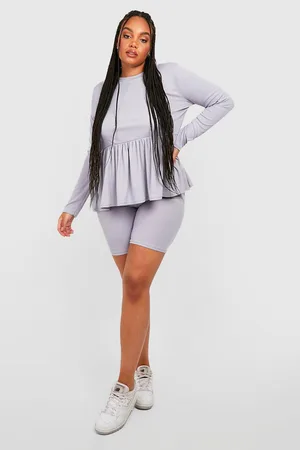 Boohoo Plus Long Sleeve Smock Top And Cycling Shorts