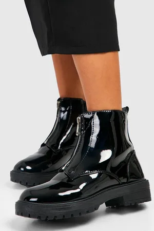 Boohoo Zip Front Patent Flat Ankle Boots