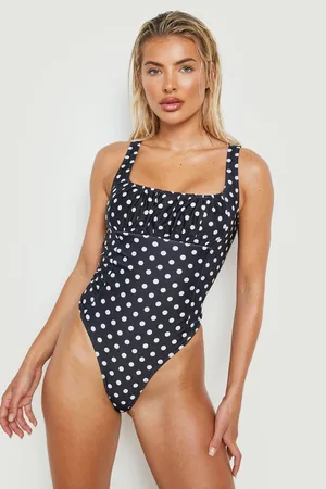 Boohoo Polka Dot Square Neck Ruched Bust Swimsuit