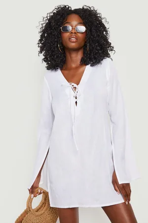 Boohoo Linen Tie Plunge Cover Up Beach Dress