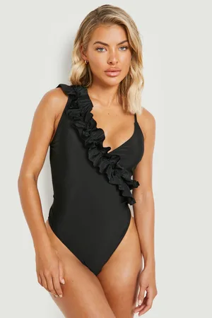 Boohoo Ruffle Asymmetric Plunge Swimsuit