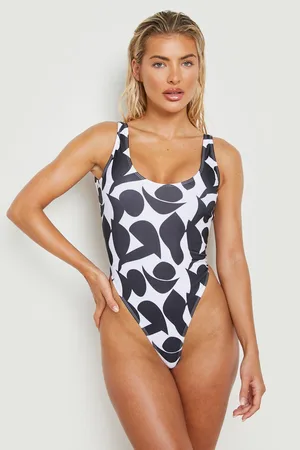 Boohoo Mono Abstract Print Scoop Neck Swimsuit