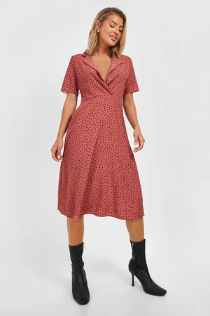 Boohoo Polka Dot Shirt Style Midi Dress