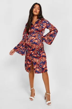 Boohoo Maternity Abstract Satin Tie Waist Shirt Midi Dress