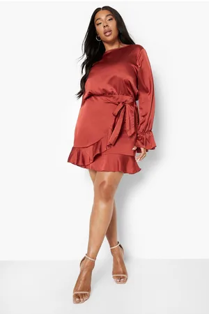 Boohoo Plus Ruffle Satin Wrap Dress