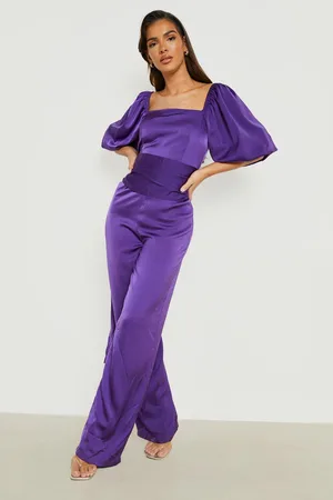 Boohoo Satin Puff Sleeve Wife Leg Jumpsuit