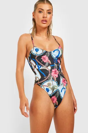 Boohoo Chain Floral Plunge Strappy Swimsuit