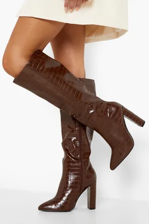 Boohoo Wide Fit Pointed Toe Croc Knee High Boots
