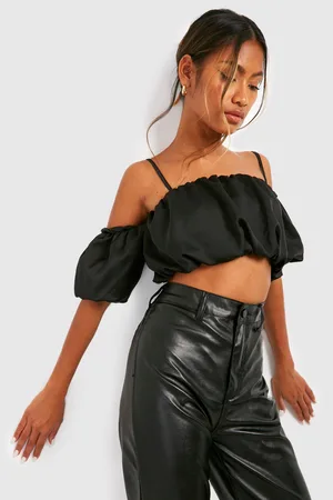 Boohoo Ruched Cold Shoulder Satin Crop Top