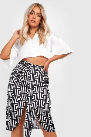 Boohoo Plus Printed Satin Ruched Drape Midi Skirt