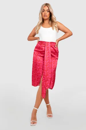 Boohoo Plus Printed Satin Ruched Drape Midi Skirt