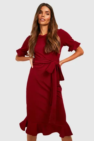 Boohoo Frill Detail Belted Midi Dress