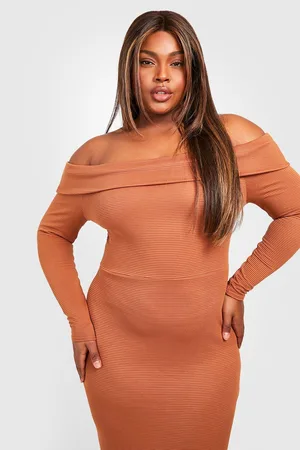 Boohoo Plus Jumbo Rib Bardot Maxi Dress