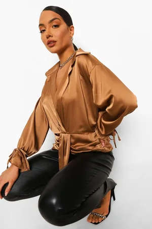Boohoo Knot Front Satin Shirt