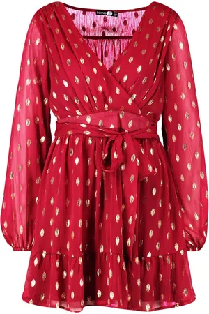 Boohoo Wrap Front Metallic Polka Dot Skater Party Dress