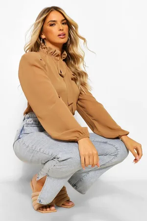 Boohoo Chiffon Shoulder Pad Detail Pussybow Blouse