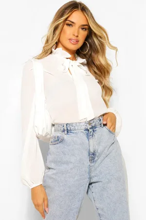 Boohoo Chiffon Shoulder Pad Detail Pussybow Blouse