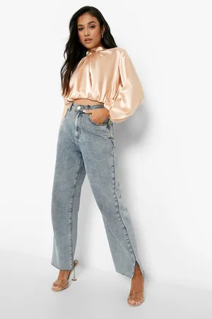 Boohoo Petite Satin High Neck Puff Sleeve Blouse