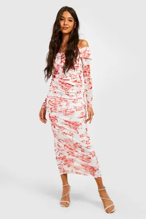 Boohoo Baroque Mesh Off The Shoulder Maxi Dress