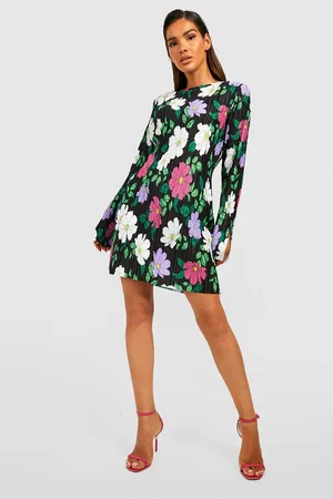 Boohoo Floral Plisse Shoulder Pad Dress