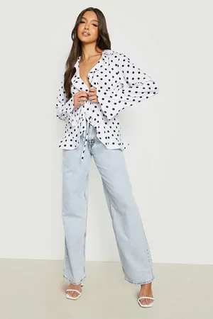 Boohoo Polka Dot Frill Tie Front Blouse