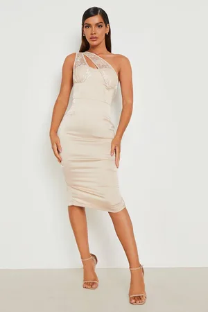 Boohoo Lace Contrast Satin One Shoulder Midi Dress