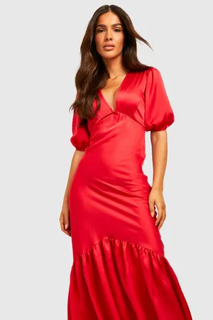 Boohoo Puff Sleeve Drop Hem Midaxi Dress