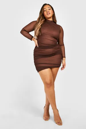 Boohoo Plus Mesh Long Sleeve Ruched Dress